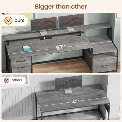 SEDETA 66'' Computer Desk with 5 Drawer, Power Outlet for Home Office - color: Grey, size: 67X18.5inch