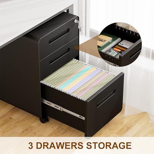 3 Drawer Mobile File Cabinet with Lock, 4 Keys and 25 Letter File Folders | Heavy-Duty Steel Rolling Filing Cabinet Pre-Assembled Under Desk for Home Office Letters/Legal/A4 Hanging File Folders - color: Black, size: 23.8"H*15.7"W-3 Drawers(25 letter fold