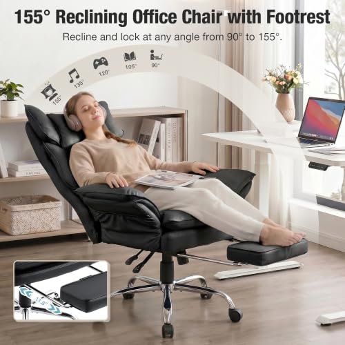 Executive Leather Criss Cross Office Chair with Foot Rest &Flip Arms | Big and Tall 155° Reclining Desk Chair with Wide Seat for Cross Legged Sitting for Home Office, PU Leather, 400LBS - color: Black