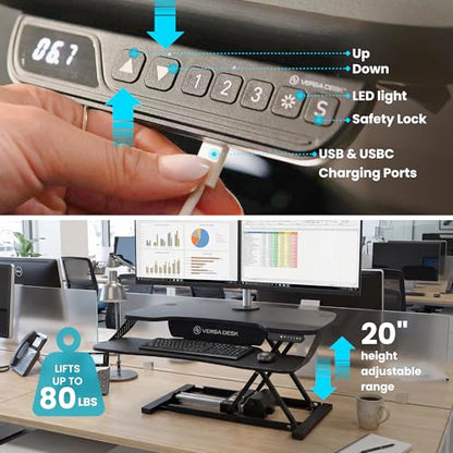 VERSADESK PowerPro Elite 36” - Electric Adjustable Desk Converter with Programmable Controller and USB Hub. Mobile App Controllable. Removable Keyboard Tray - Powerful Riser Lifts 80 lbs – Black - color: Black, size: 36" Wide