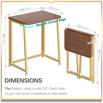 4NM 23.6" Mobile Small Folding Desk, Foldable Rolling Computer Home Office Desk, Study Writing Table for Small Space Saving Bedroom, with Wheels - Brown and Gold - color: Brown and Golden, size: 23.6"W x 15.7"D