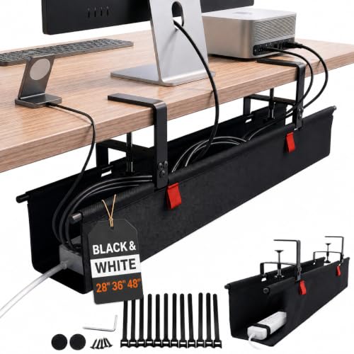 Under Desk Cable Management Tray 36" — No Drill Clamp-On Cord Organizer for Desk with Built-in Ties, Heavy Duty Metal Clamp, Foldable 600D Oxford Fabric for Home Office, WFH & Gaming PC Setup (Black) - color: Black, size: 36 x 5,2 x 5,3