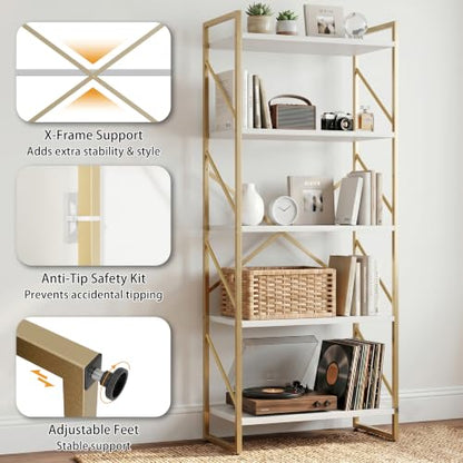 JAMFLY 5 Tiers Bookshelf, Classically Tall Bookcase Shelf,Industrial Book Rack,Modern Book Holder in Bedroom/Living Room/Home/Office, Gold - color: Gold-framed Whitewood