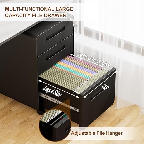 3 Drawer Mobile File Cabinet with Lock, 4 Keys and 25 Letter File Folders | Heavy-Duty Steel Rolling Filing Cabinet Pre-Assembled Under Desk for Home Office Letters/Legal/A4 Hanging File Folders - color: Black, size: 23.8"H*15.7"W-3 Drawers(25 letter fold