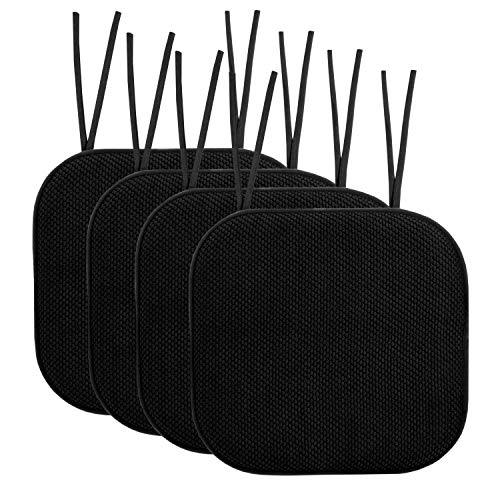 Sweet Home Collection Chair Cushion Memory Foam Pads with Ties Honeycomb Pattern Slip Non Skid Rubber Back Rounded Square 16" x 16" Seat Cover, 4 Pack, Black 4 Pack - color: Black, size: 4 Count (Pack of 1)