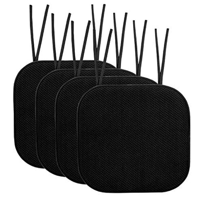 Sweet Home Collection Chair Cushion Memory Foam Pads with Ties Honeycomb Pattern Slip Non Skid Rubber Back Rounded Square 16" x 16" Seat Cover, 4 Pack, Black 4 Pack - color: Black, size: 4 Count (Pack of 1)