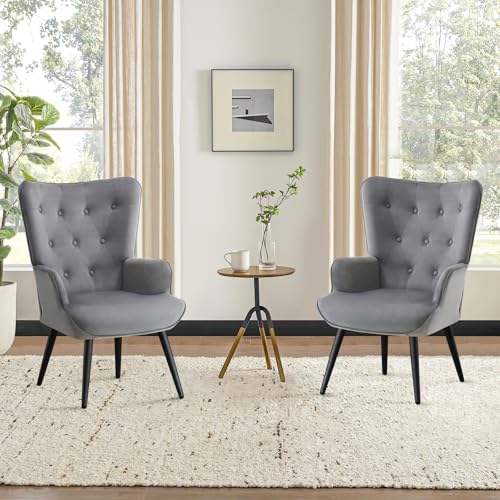 Furniliving Modern Accent Chair, Velvet Tufted Button Wingback Chair Upholstered Side Armchair Comfy Lounge Chair with Tapered Legs Sofa Leisure Chair for Home Office/Living Room/Bedroom, Grey - color: Grey, size: Set of 1