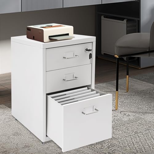 3-Drawer Vertical File Cabinet - Metal Mobile File Cabinet with Lock and Wheels - Under Desk Metal Filing Cabinet for Legal/Letter/A4 File - Fully Assembled - Home/Office Storage Cabinet (White) - color: White