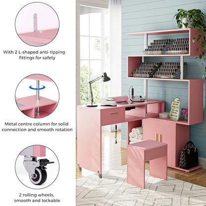 Kikihouse Manicure Table Nail Desk with Stool, L-Shaped Nail Tech Desk with Dust Collector, Two-Way Drawer, Cabinet & Storage Shelves, Rotating Reversible Manicure Workstation on Wheels (Pink) - color: Pink