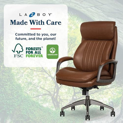La-Z-Boy High-Back Ergonomic Office Chair, AIR Lumbar Support Leather Chair | Nova, 350lb Capacity Executive Task Chair, Padded Headrest & Arm, Layered Foam Seat Cushion, Swivel, Back Pain Relief, Cognac - color: Cognac