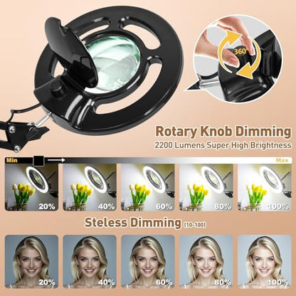 HITTI 2200 Lumens 12X Magnifier Esthetician Light, 5 Wheel Rolling Base - color: Black