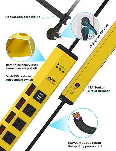 CRST 6 Outlet Metal Power Strip with 2 USB (3.4A) & Individual Switches - color: Yellow+2USB-6FT, size: 6FT
