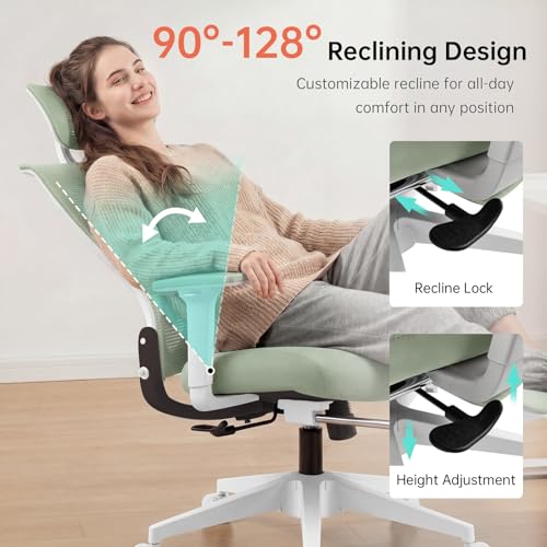 Ergonomic Foldable Office Chair with Footrest and Lumbar Support, Green | Compact desk chair with space-saving folding design, 2D headrest, 2D armrests, computer cahirs for home office - color: Green
