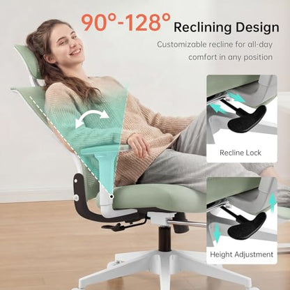 Ergonomic Foldable Office Chair with Footrest and Lumbar Support, Green | Compact desk chair with space-saving folding design, 2D headrest, 2D armrests, computer cahirs for home office - color: Green