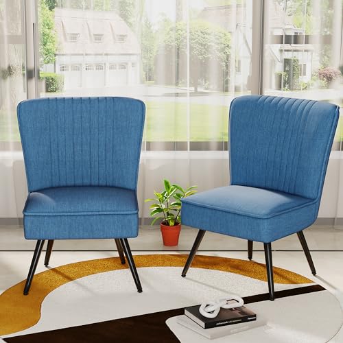 Alunaune Modern Blue Accent Chair Set of 2 Living Room Chairs, Upholstered Bedroom Furniture Sets Armless Slipper Reception Club Chair Guest Couch Comfy Wingback Single Sofa - color: Blue