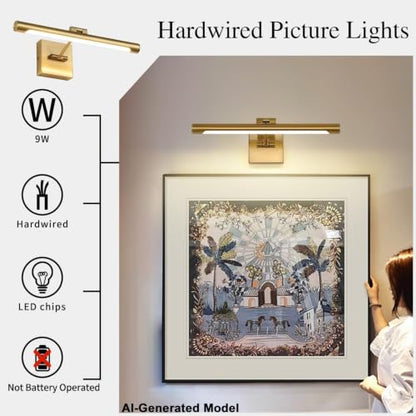 LED Picture Light Fixtures 16.54 Inches, Modern Metal Artwork Wall Lamps with Single Swing Arm, 7W (50W Eqv.), Hardwired Connection, Dimmable, 3000K Warm White, CRI95+, Golden-Like Brass Finish - color: Brass, size: Dimmable 16.53" Long
