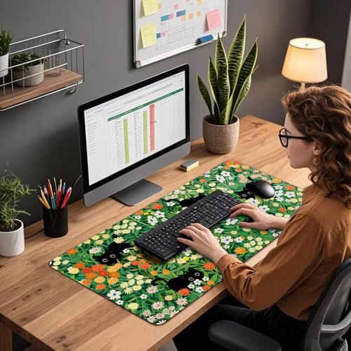 Cute Flower Cat Large Gaming Mouse Pad Desk Mat 31.5"x15.7" | Extended Mousepad, Non-Slip Rubber Base , Stitched Edges, for Computer/Laptop/Office/Home - color: Cat Floral