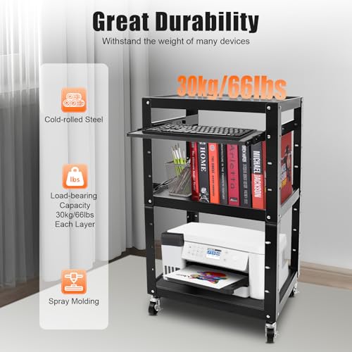 AV Cart with Wheels and Power, Mobile Computer Cart Workstation | 4 Tier Storage, Locking Wheels, Power Outlet & USB Ports,Steel Utility Cart for Office Classroom Warehouse - size: 24x18x42in
