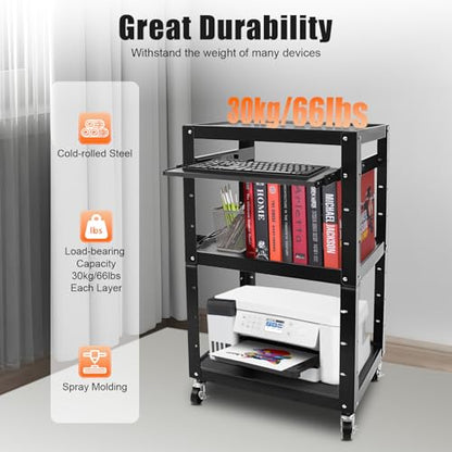 AV Cart with Wheels and Power, Mobile Computer Cart Workstation | 4 Tier Storage, Locking Wheels, Power Outlet & USB Ports,Steel Utility Cart for Office Classroom Warehouse - size: 24x18x42in