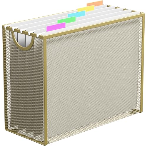 Letter-Size Hanging File Organizer with 5 Grey Holders(Gold) | File Holder Filing Box for Desk, Metal Mesh Desk File Folder Storage for Office(No Assembly Required) - color: Gold