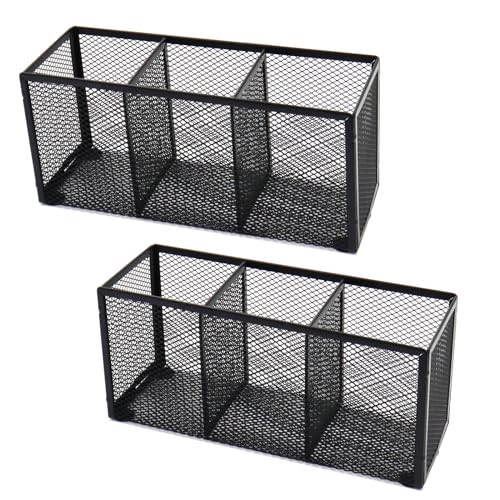 2PCS Black Mesh Pen Pencil Holder, Small Metal Desk Organizer Desktop Stationery Office Supplies Acessories Storage Stand, 3 Compartments Brushes Holder for Home School Classroom Teachers - size: 2pcs 3 Grids