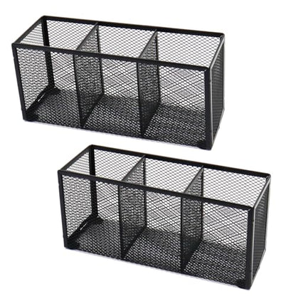 2PCS Black Mesh Pen Pencil Holder, Small Metal Desk Organizer Desktop Stationery Office Supplies Acessories Storage Stand, 3 Compartments Brushes Holder for Home School Classroom Teachers - size: 2pcs 3 Grids