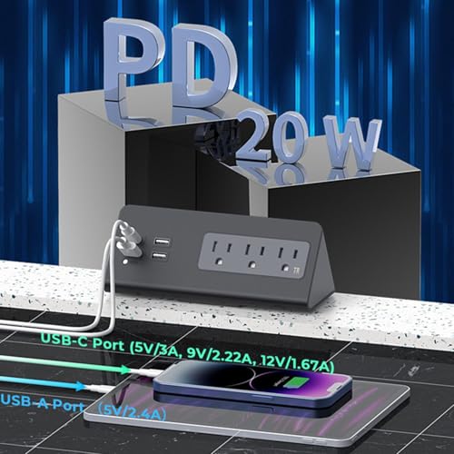 Desk Clamp Power Strip 15A 1875W 3 Outlets 3 USB A 1 PD20W C Port - Edges Mount Design Protector for Home Office Dormitory