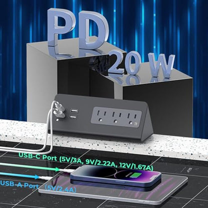 Fabater Desk Clamp Power Strip, Fast Charging Station with 3 AC Outlets, 3 USB A Ports & PD 20W USB C Ports, 6.56FT Desktop Mount Surges Protector, Fit 0.2-1.57IN Tabletop Edges (US)