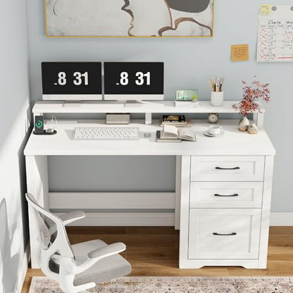 Vabches 47" Farmhouse Executive Desk with 3 Drawers and LED Lights, White - color: White, size: 3 Drawers & Monitor Stand