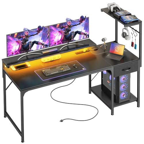 PRAISUN 55.1 Inch Gaming Desk with LED Lights & Power Outlets - color: Black, size: 55.1 Inch