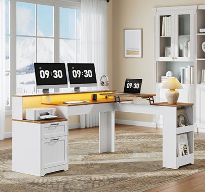Farmhouse 63" L Shaped Standing Desk, Corner Computer Desk with Drawers, Office Desk with File Drawers with RGB Lighting & Charging Station, Monitor Stand and Storage Shelves, White and Walnut
