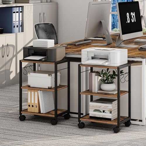 MAHANCRIS Printer Stand, 3-Tier Under Desk Rolling Cart with Storage Shelf, Heavy Duty Printer Table with Wheels for Home and Office, Printer Shelf with 2 Hooks, Small Spaces, Rustic Brown PTHR4001Z - color: Rustic Brown