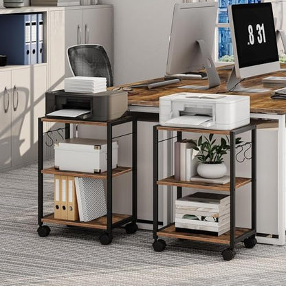 MAHANCRIS Printer Stand, 3-Tier Under Desk Rolling Cart with Storage Shelf, Heavy Duty Printer Table with Wheels for Home and Office, Printer Shelf with 2 Hooks, Small Spaces, Rustic Brown PTHR4001Z - color: Rustic Brown