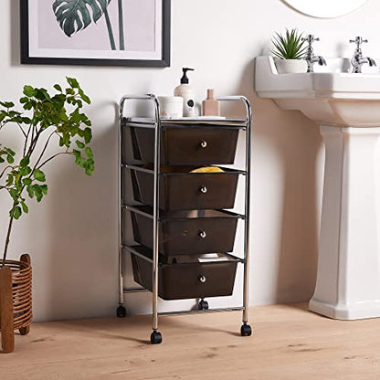 VonHaus 4 Drawer Plastic Storage Trolley, Multipurpose Storage Drawer Rolling Cart, Unit Home Office Stationery Organisation, Make-up, Beauty - Mobile Design 4 Tier Shelving and Castor Wheels - Black
