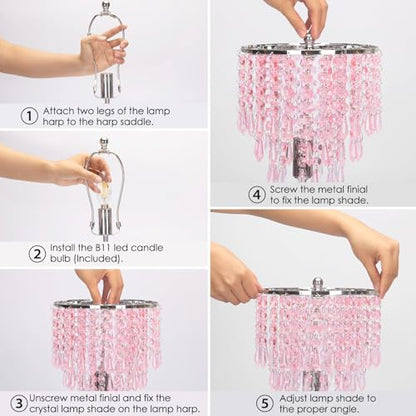 Touch Bedside Lamp with USB C+A Ports, Silver with Pink Crystal Shade - color: Pink