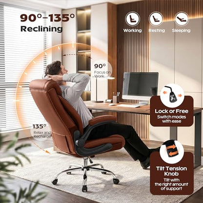 Office Chair, Ergonomic High Back Home Office Desk Chair, Big and Tall Breathable Leather Office Chair with Lumbar Support Flip-Up Armrests, Computer Chair with Rocking Function - color: Brown, style: Without Footrest