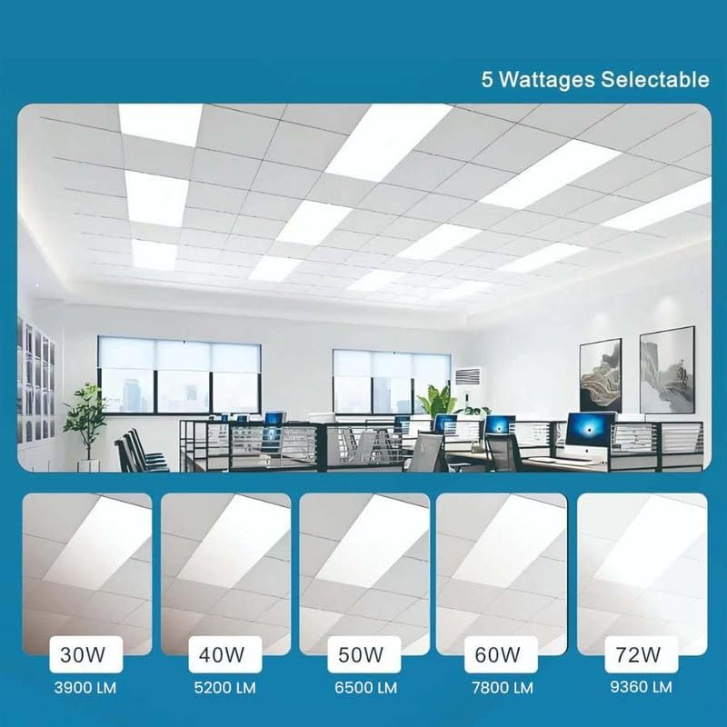 4 Pack 2x4 LED Flat Panel Light for Drop Ceiling, 9360lm Selectable 30W/40W/50W/60W/72W, Color Temperature 3000K/3500K/4000K/5000K/6500K, 0-10V Dimmable, 120-277V, ETL - size: 2X4 FT LED 4 Pack