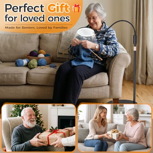 Rechargeable Cordless Floor Magnifying Glass with Light and Stand | 2-in-1 Floor & Desk Magnifying Lamp, 48 LED 3 Light Modes, Flexible Gooseneck, Hands-Free for Seniors Reading, Crafts, Sewing
