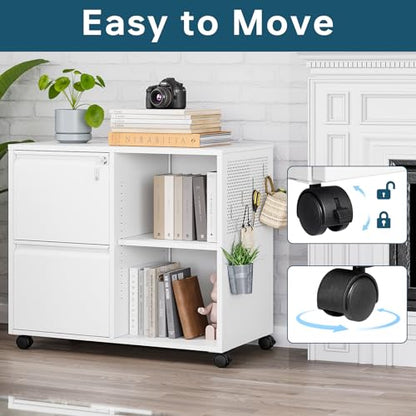 MIIIKO 2 Drawer File Cabinet with Lock, Metal Rolling Printer Stand Filing Cabinets with Drawers for Home Office,A4, Letter Size File Folders(White) - color: White, size: 2 Drawer-31.5"W -Mobile-a