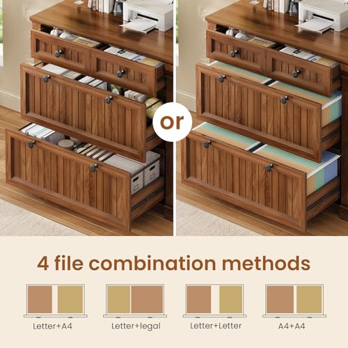 SEDETA 4 Drawers File Cabinet, 33" Farmhouse Filing Cabinets for Home Office fit Legal/Letter/A4 File, Wood Office File Cabinet with Power Outlets, Printer Stand with Storage, Brown - color: Brown