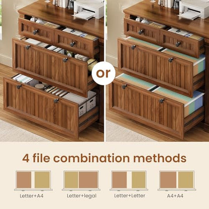 SEDETA 4 Drawers File Cabinet, 33" Farmhouse Filing Cabinets for Home Office fit Legal/Letter/A4 File, Wood Office File Cabinet with Power Outlets, Printer Stand with Storage, Brown - color: Brown