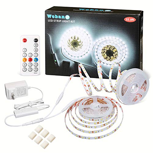WOBANE 32.8ft White LED Strip Lights with Remote,Dimmable Tape Lighting | Flexible,Timing,Memory Function,ETL Power Supply,600 LEDs Supper Bright for Living Room, Mirror, Under Cabinet,6500K Daylight - color: White, size: 32.8ft RF Remote