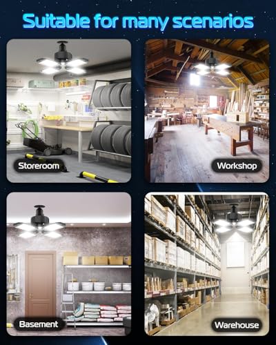 Garage Light - 8PACK 130W 13000LM Deformable 4+1 Panel LED Garage Ceiling Lights with LED Transformer, E26/27 Base, 6500K Daylight White Shop Light for Factory, Storage Room, Warehouse