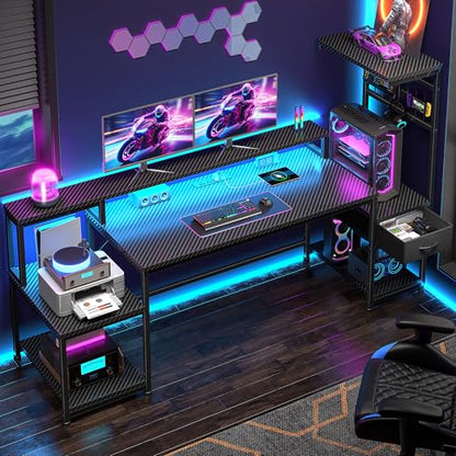 DurayLoly 63" Gaming Desk with RGB LED,Headphone Hook Shelves for Bedroom - color: Black, size: 19.6"Dx63"Wx51"H