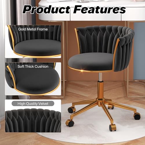HENGJIANYI Velvet Woven Home Swivel Vanity Desk Chair with Gold Base, Black | Modern Height Adjustable Office Chair with Metal Base and Hand Weaving Back Wheels for Bedroom Study Small Space girl women - color: Black