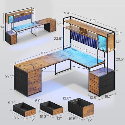 SEDETA Reversible L Shaped Gaming Desk with 6 Drawers, Hutch, Led Lights - color: Rustic Brown