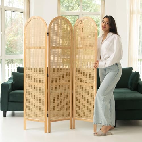 Svimi Room Dividers and Folding Privacy Screens, Pine Wood 5.6 Ft Double Hinged Rattan Partition Freestanding Wall Room Divider for Home - 3 Panels (Natural) - color: Natural, size: 3 Panels