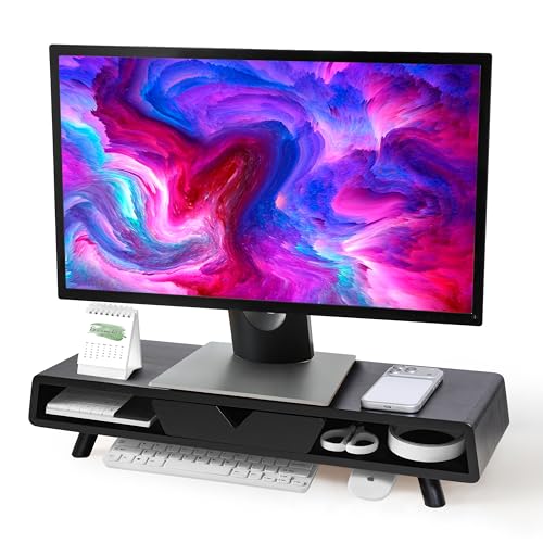 Homerays Monitor Stand with Drawer, Exquisite Computer Monitor Stand for Desk, Ergonomic Wood Monitor Stand Riser for Computer,Laptop,Printer,TV,Bamboo,Black - color: Black