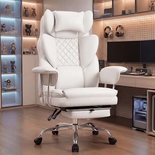 NEO CHAIR Big & Tall Leather Office Chair, High Back, Lumbar Support, White | Gaming Chair for Adults and Computer Use, Reclining Office Chair with Foot Rest, Massage, Comfy Design and Heavy Duty Support - color: White