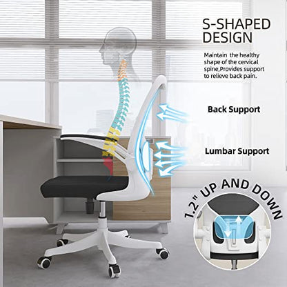 Monhey Office Chair - Ergonomic Office Chair with Lumbar Support & Flip Up Arms Home Office Desk Chairs Rockable High Back Swivel Computer Chair White Frame & Black Mesh Study Chair - color: White+black